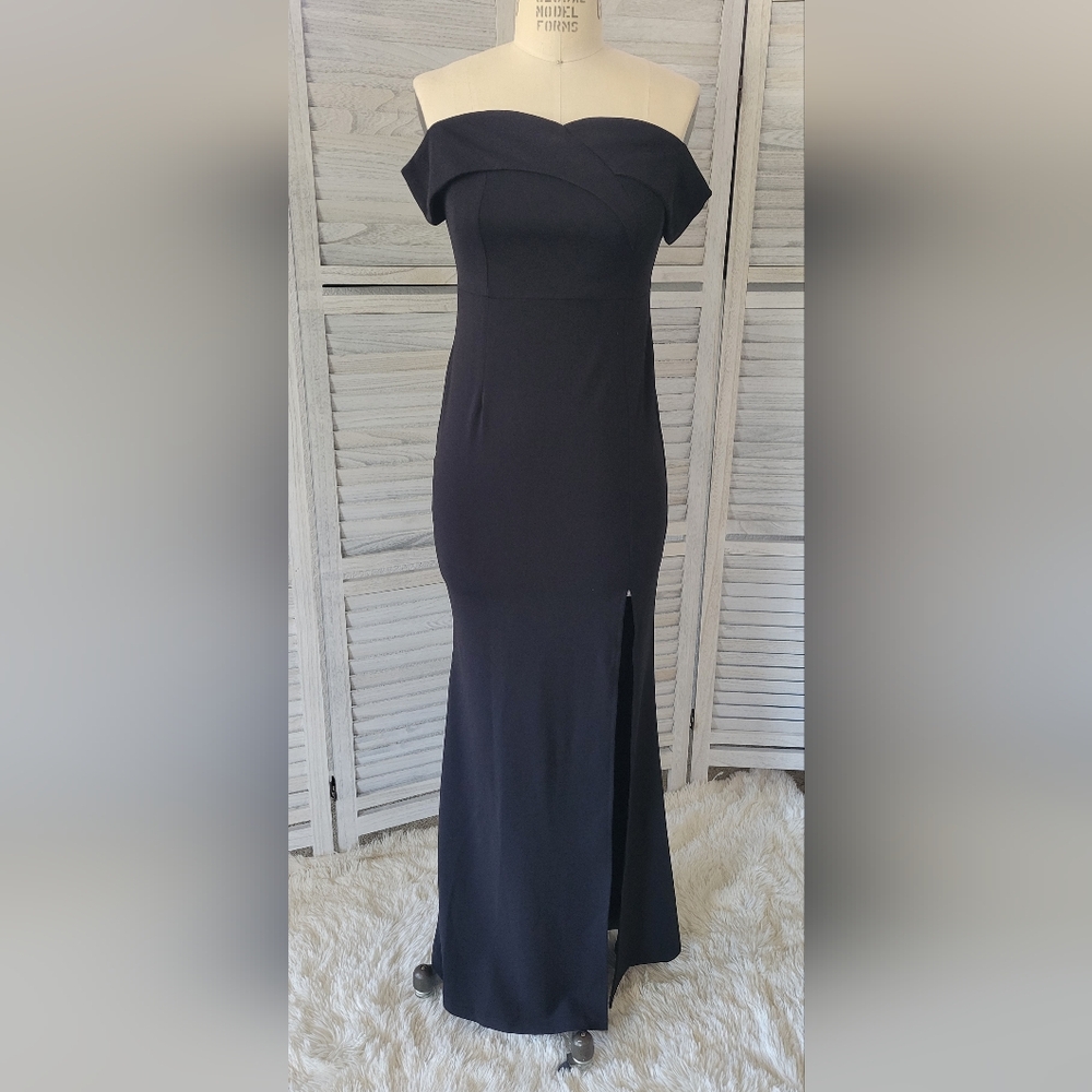 Long black dress off shoulder mermaid high slit formal prom bridesmaid